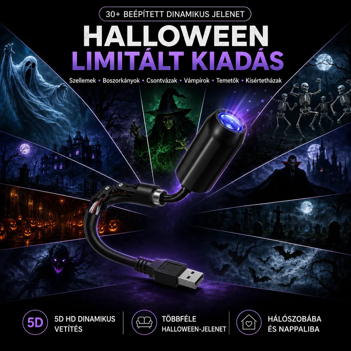 Halloweenska limitovaná edícia 5D holografického projektora – viac než 30 dynamických scén